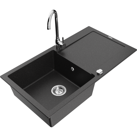 Mexen Leo granitische spoelbak met 1 bak, afdruiprek en keukenkraan Telma, zwart/zilver metallic - 6501-73-670200-00