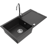 Mexen Leo granite sink 1-bowl with drainer and kitchen tap Telma, black/silver metallic - 6501-73-670200-00