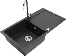 Mexen Leo granite sink 1-bowl with drainer and kitchen tap Telma, black/silver metallic - 6501-73-670200-00