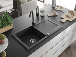 Mexen Leo Granitspüle 1-becken mit Abtropffläche und Küchenarmatur Telma, schwarz/silber metallic - 6501-73-670200-70