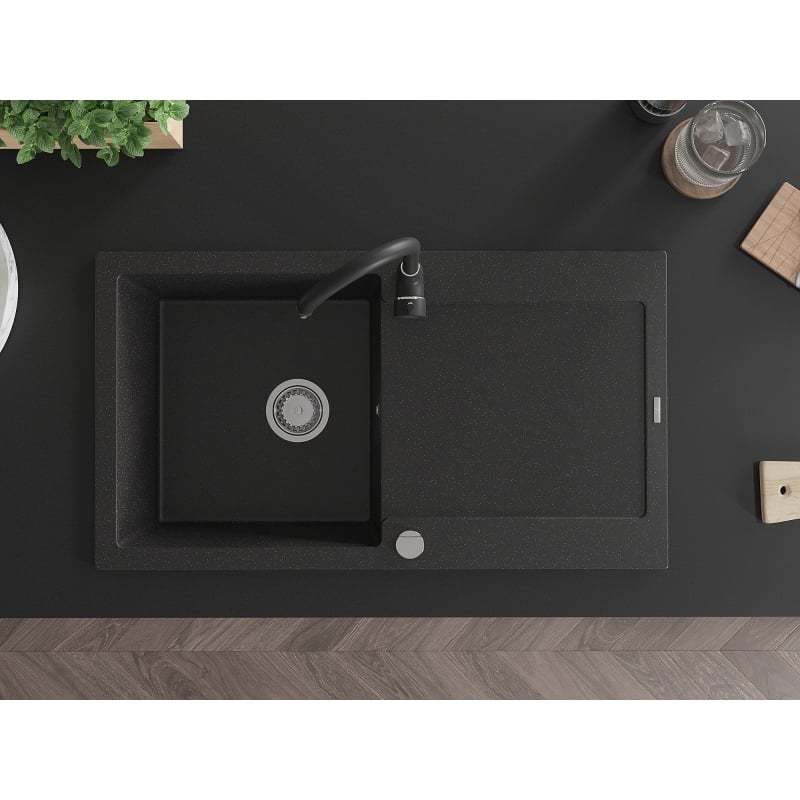 Mexen Leo granite kitchen sink 1-bowl with drainer and kitchen faucet Telma, black/silver metallic - 6501-73-670200-70