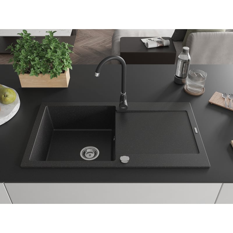Mexen Leo granite kitchen sink 1-bowl with drainer and kitchen faucet Telma, black/silver metallic - 6501-73-670200-70