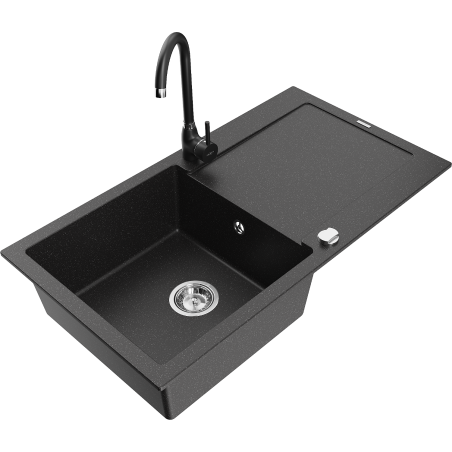 Mexen Leo granite kitchen sink 1-bowl with drainer and kitchen faucet Telma, black/silver metallic - 6501-73-670200-70