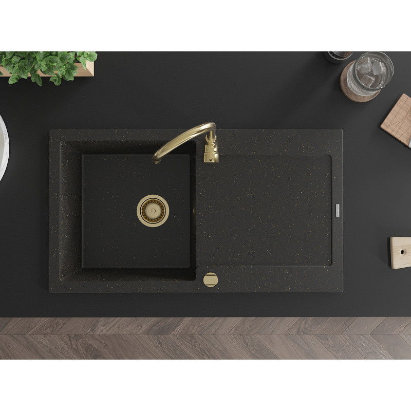 Mexen Leo granieten spoelbak met 1 bak, afdruiprek en Telma keukenmengkraan, zwart/gouden metallic - 6501-75-670200-50
