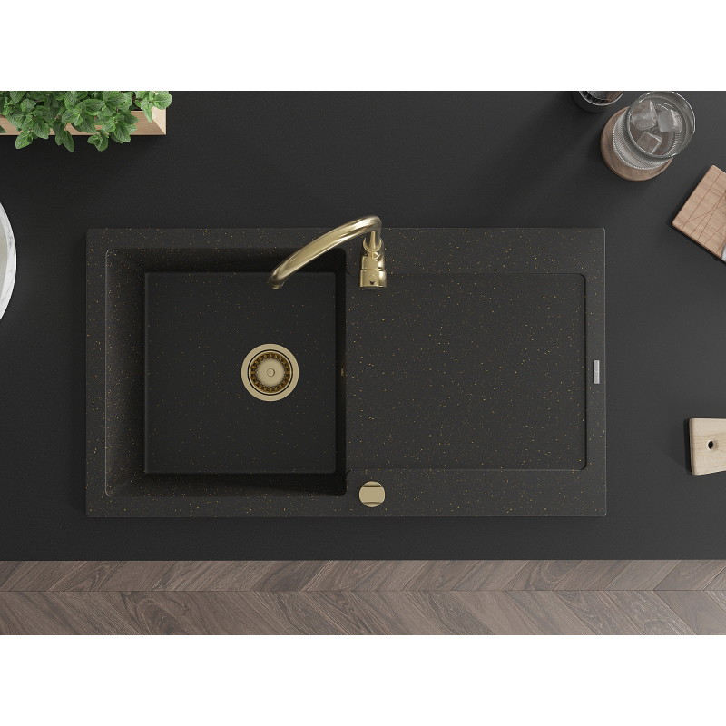 Mexen Leo granite sink with 1 bowl, drainer, and Telma kitchen faucet, black/gold metallic - 6501-75-670200-50