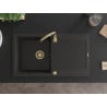 Mexen Leo granite sink with 1 bowl, drainer, and Telma kitchen faucet, black/gold metallic - 6501-75-670200-50