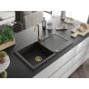 Mexen Leo granite sink with 1 bowl, drainer, and Telma kitchen faucet, black/gold metallic - 6501-75-670200-50