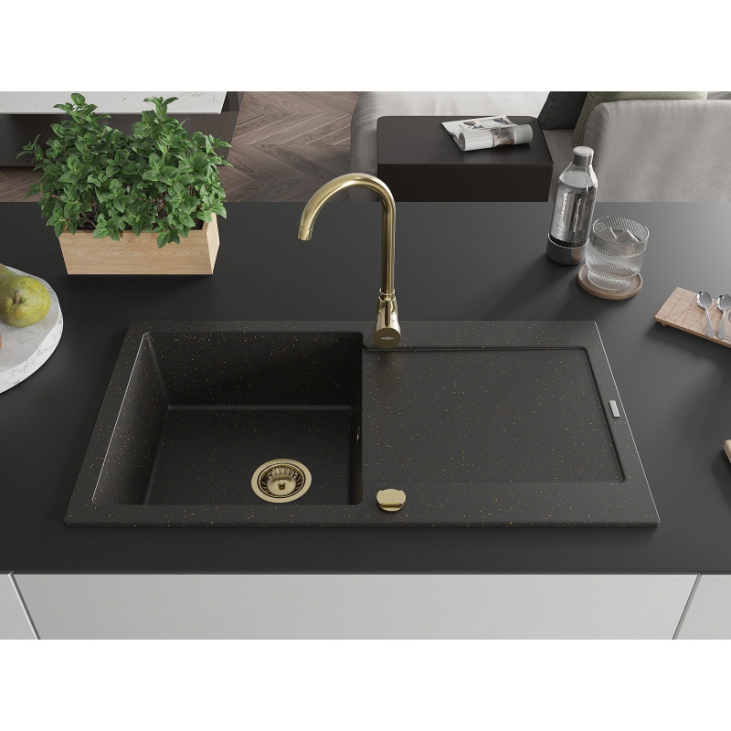 Mexen Leo granite sink with 1 bowl, drainer, and Telma kitchen faucet, black/gold metallic - 6501-75-670200-50