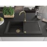 Mexen Leo granite sink with 1 bowl, drainer, and Telma kitchen faucet, black/gold metallic - 6501-75-670200-50
