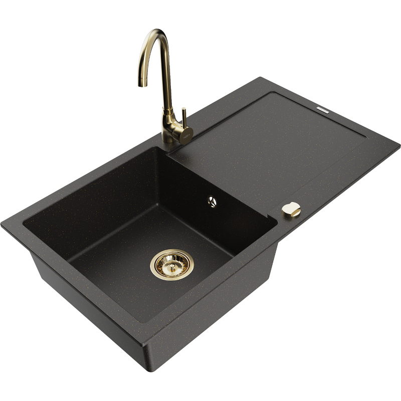 Mexen Leo évier en granit 1 bac avec égouttoir et robinet de cuisine Telma, noir/or métallisé - 6501-75-670200-50