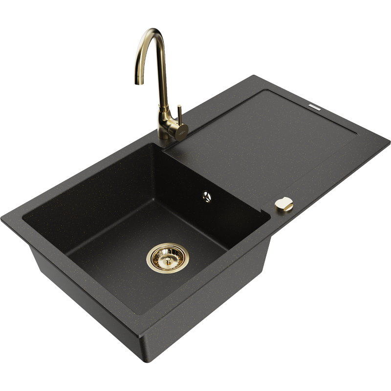 Mexen Leo granieten spoelbak met 1 bak, afdruiprek en Telma keukenmengkraan, zwart/gouden metallic - 6501-75-670200-50