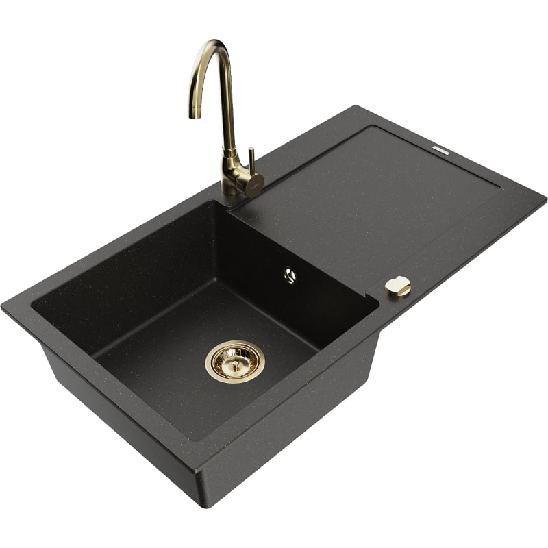 Mexen Leo granite sink with 1 bowl, drainer, and Telma kitchen faucet, black/gold metallic - 6501-75-670200-50