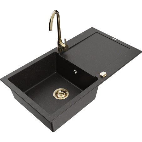 Mexen Leo granieten spoelbak met 1 bak, afdruiprek en Telma keukenmengkraan, zwart/gouden metallic - 6501-75-670200-50