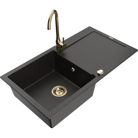 Mexen Leo granite sink with 1 bowl, drainer, and Telma kitchen faucet, black/gold metallic - 6501-75-670200-50