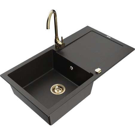 Mexen Leo Granitspüle 1-Becken mit Abtropffläche und Küchenarmatur Telma, schwarz/gold metallic - 6501-75-670200-50