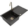 Mexen Leo granieten spoelbak met 1 bak, afdruiprek en Telma keukenmengkraan, zwart/gouden metallic - 6501-75-670200-50