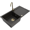 Mexen Leo granite sink with 1 bowl, drainer, and Telma kitchen faucet, black/gold metallic - 6501-75-670200-50