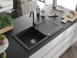 Mexen Leo granite kitchen sink with one basin, drainer, and Telma kitchen faucet, black/gold metallic - 6501-75-670200-70