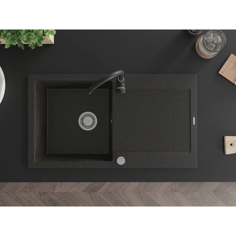 Mexen Leo fregadero de granito de 1 seno con escurridor y grifo de cocina Telma, negro/oro metálico - 6501-75-670200-70