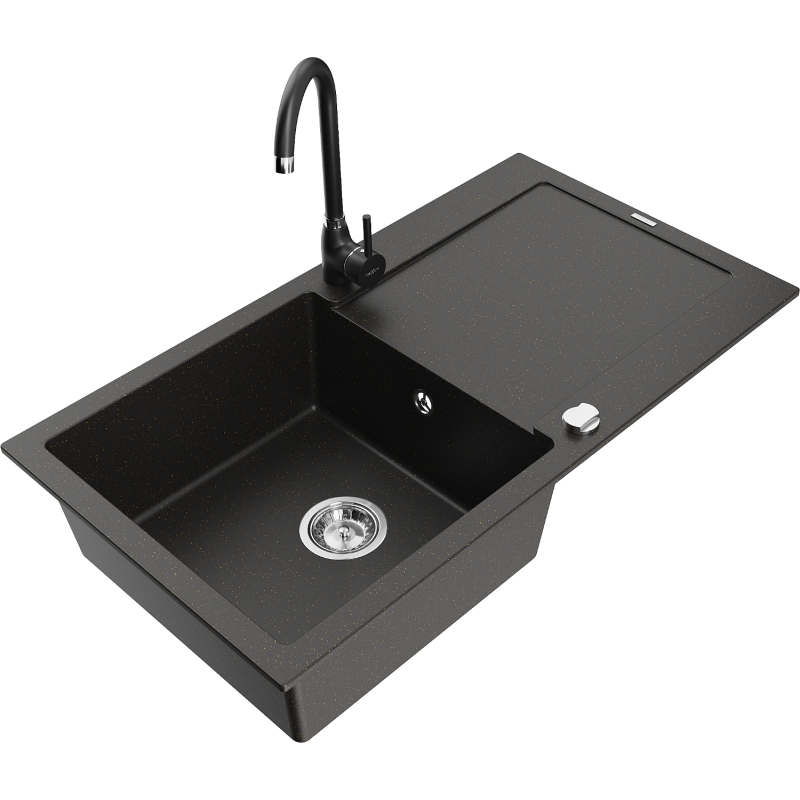 Mexen Leo Granite Sink 1-Bowl with Drainer and Telma Kitchen Faucet, Black/Gold Metallic - 6501-75-670200-70