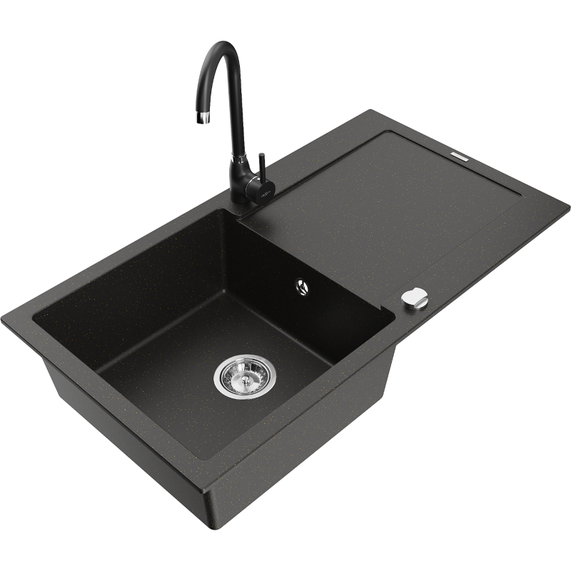 Mexen Leo Granitspüle 1-becken mit Abtropffläche und Küchenarmatur Telma, schwarz/gold metallic - 6501-75-670200-70