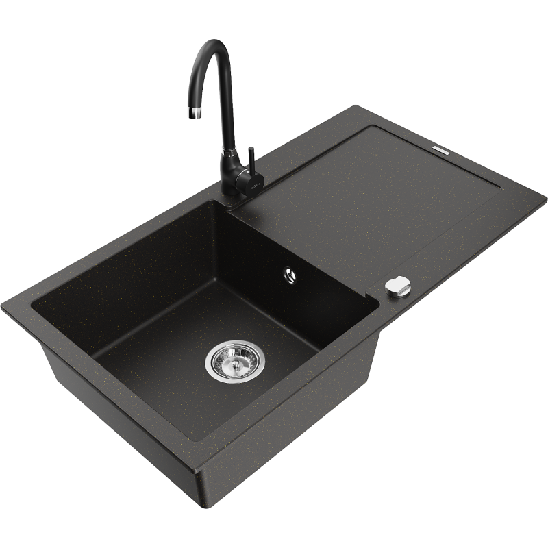 Mexen Leo lavello in granito a 1 vasca con scolapiatti e rubinetto da cucina Telma, nero/oro metallizzato - 6501-75-670200-70