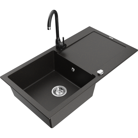 Mexen Leo granieten spoelbak met 1 kom, afdruiprek en keukenmengkraan Telma, zwart/goud metallic - 6501-75-670200-70