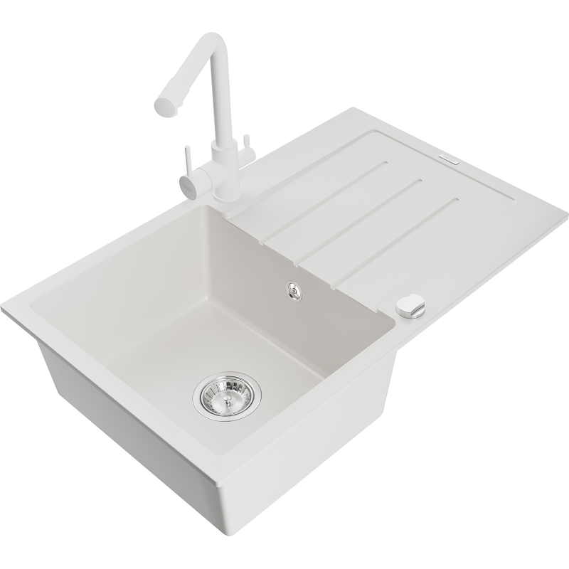 Mexen Bruno 1-bowl granite sink with drainer and Duero kitchen tap, white - 6513-20-671600-20