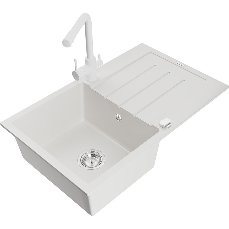 Mexen Bruno granitische spoelbak 1-kamer met afdruipplaat en keukenmengkraan Duero, wit - 6513-20-671600-20