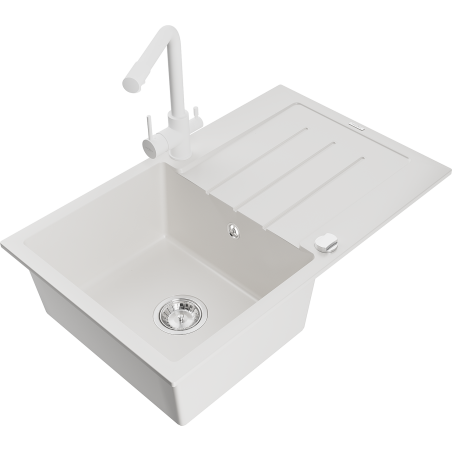 Mexen Bruno 1-bowl granite sink with drainer and Duero kitchen tap, white - 6513-20-671600-20