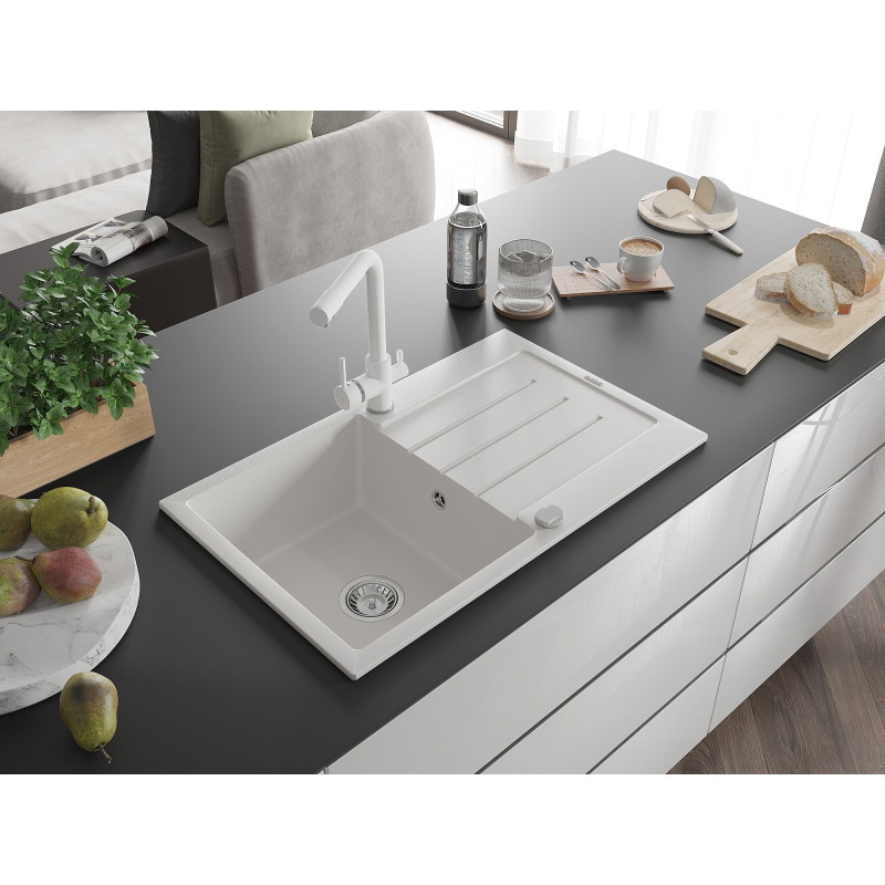 Mexen Bruno fregadero de granito de 1 cubeta con escurridor y grifo de cocina Duero, blanco - 6513-20-671600-20