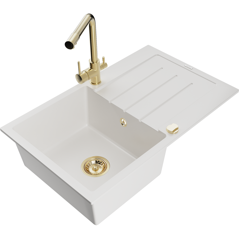 Mexen Bruno granitdiskbänk med 1 fack, avrinningsområde och köksblandare Duero, vit - 6513-20-671600-50