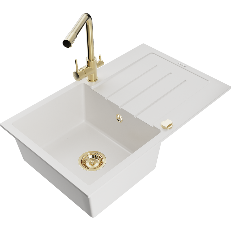 Mexen Bruno lava-louça de granito com 1 bacia com escorredor e torneira de cozinha Duero, branco - 6513-20-671600-50