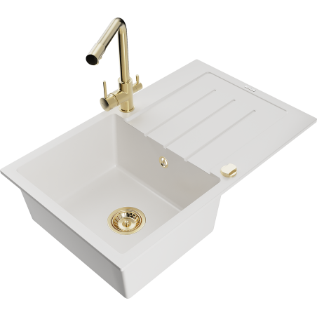 Mexen Bruno fregadero de granito de 1 seno con escurridor y grifo de cocina Duero, blanco - 6513-20-671600-50