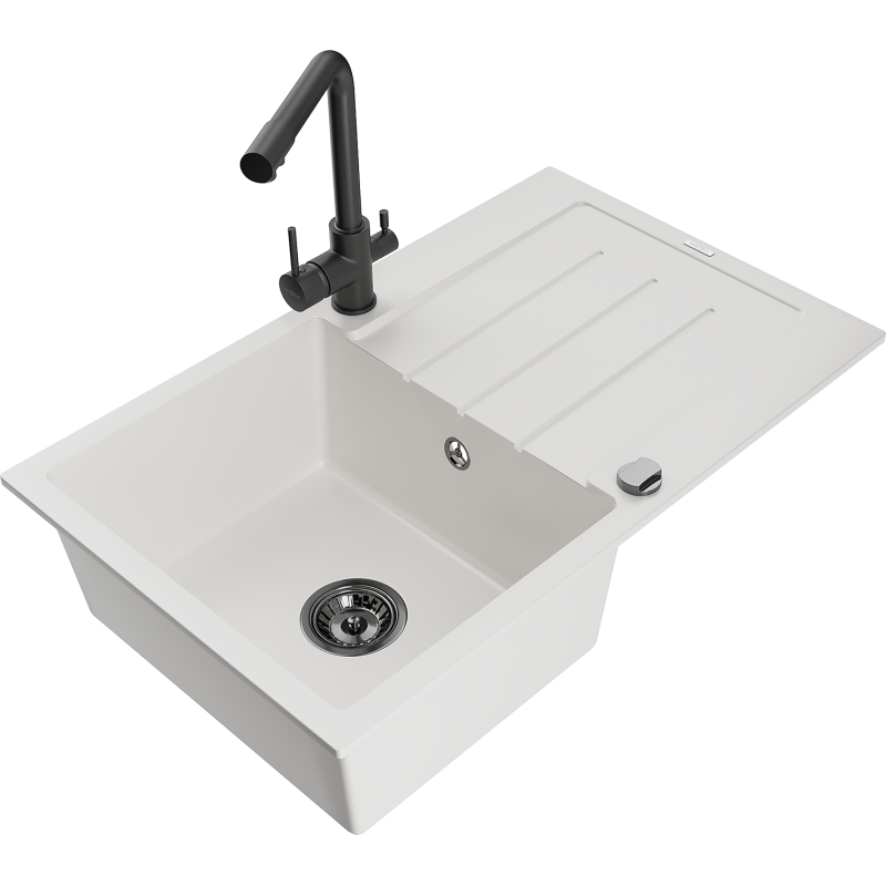 Mexen Bruno fregadero de granito de 1 seno con escurridor y grifo de cocina Duero, blanco - 6513-20-671600-70