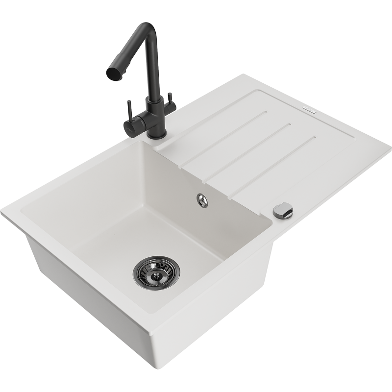 Mexen Bruno granitdiskho med 1 ho, avrinningsyta och köksblandare Duero, vit - 6513-20-671600-70