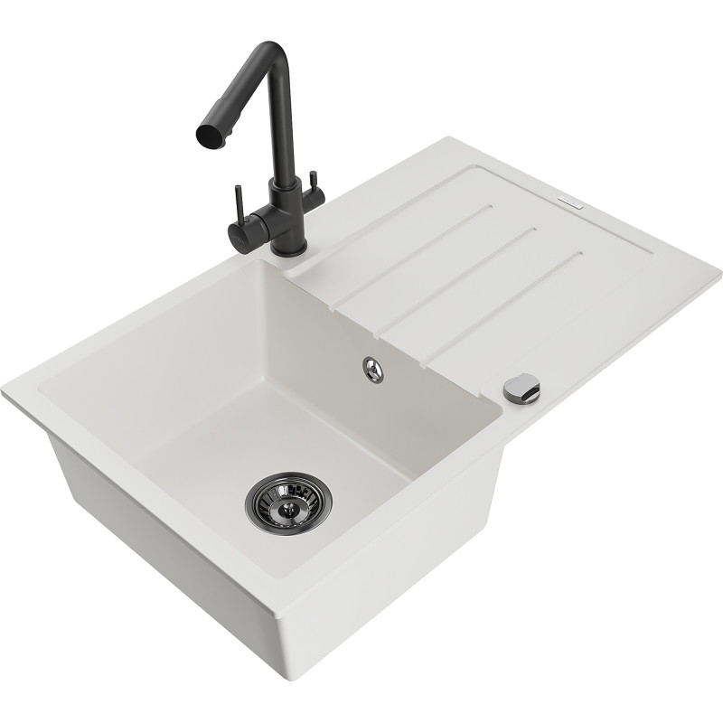 Mexen Bruno granitspoelbak 1-kamer met afdruiprek en keukenmengkraan Duero, wit - 6513-20-671600-70