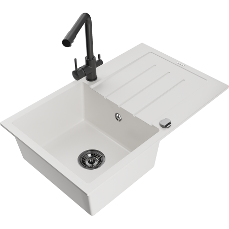 Mexen Bruno granitspoelbak 1-kamer met afdruiprek en keukenmengkraan Duero, wit - 6513-20-671600-70