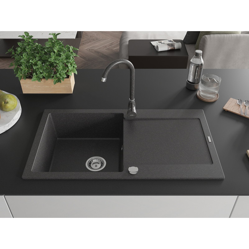 Mexen Leo 1-Bowl Granite Sink with Drainer and Telma Kitchen Faucet, Speckled Black - 6501-76-670200-76