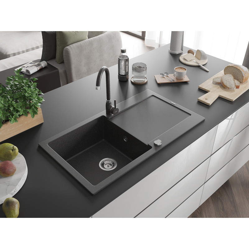 Mexen Leo 1-Bowl Granite Sink with Drainer and Telma Kitchen Faucet, Speckled Black - 6501-76-670200-76