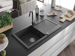 Mexen Leo granite sink 1-basin with drainer and Telma kitchen tap, speckled black - 6501-76-670200-76