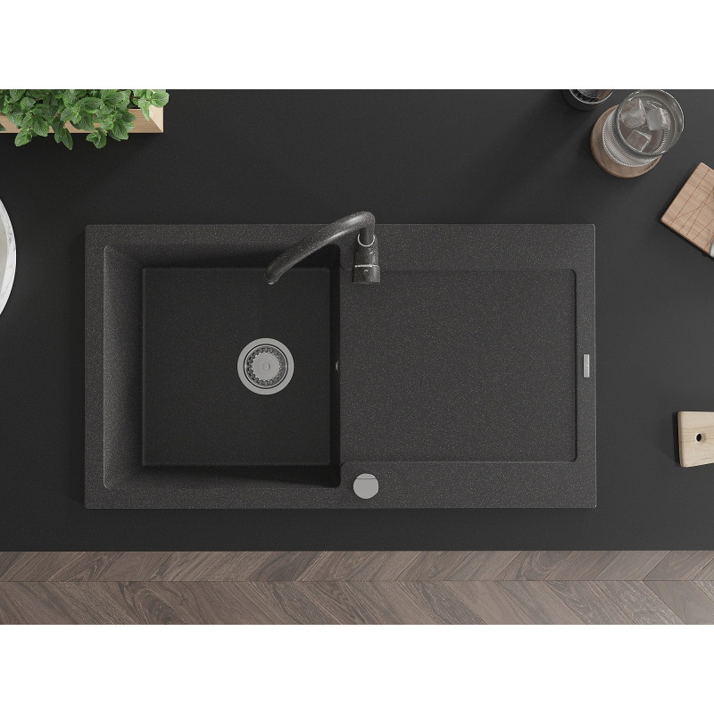 Mexen Leo 1-Bowl Granite Sink with Drainer and Telma Kitchen Faucet, Speckled Black - 6501-76-670200-76