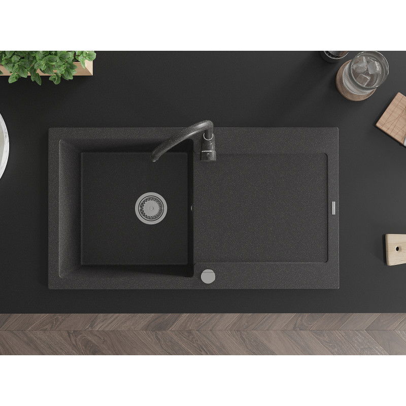 Mexen Leo granite sink 1-basin with drainer and Telma kitchen tap, speckled black - 6501-76-670200-76