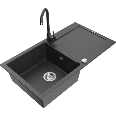 Mexen Leo 1-Bowl Granite Sink with Drainer and Telma Kitchen Faucet, Speckled Black - 6501-76-670200-76