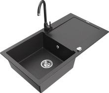 Mexen Leo granite sink 1-basin with drainer and Telma kitchen tap, speckled black - 6501-76-670200-76