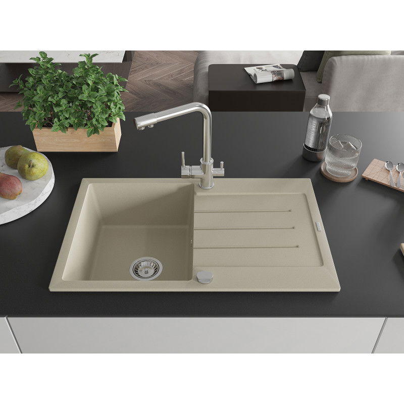 Mexen Bruno 1-bowl granite sink with drainer and Duero kitchen tap, beige - 6513-69-671600-00