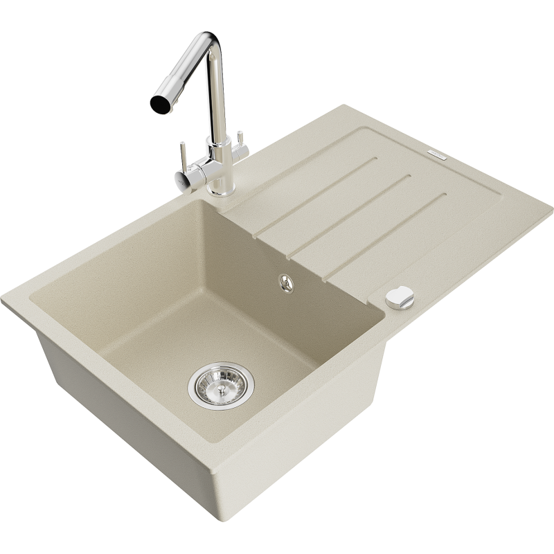 Mexen Bruno fregadero de granito de 1 cubeta con escurridor y grifo de cocina Duero, beige - 6513-69-671600-00