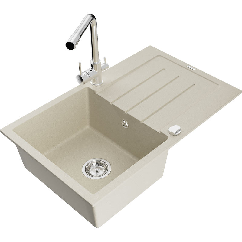 Mexen Bruno lava-loiça de granito de uma bacia com escorredor e torneira de cozinha Duero, cor bege - 6513-69-671600-00