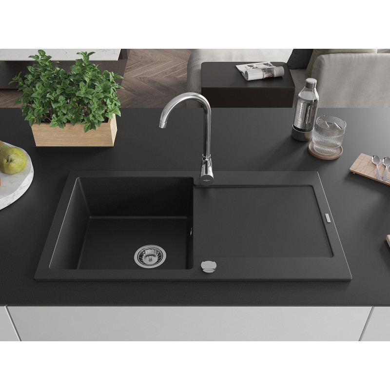 Mexen Leo granite kitchen sink 1-bowl with drainer and Telma kitchen faucet, black - 6501-77-670200-00