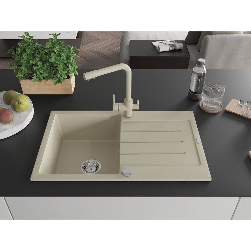 Mexen Bruno Lavello in granito a 1 vasca con scolapiatti e rubinetto da cucina Duero, beige - 6513-69-671600-69